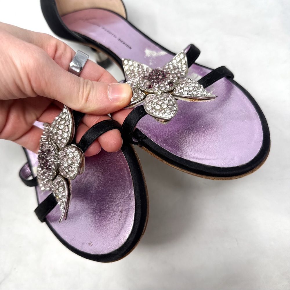 Giuseppe Zanotti Vicini Vintage Y2K Embellish Flower Silk Kitten Heel Mules Rare - Picture 6 of 15